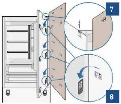 Diagram illustrating the assembly of a refrigerator with labeled parts and directional arrows indicating motion or movement.