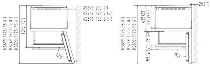 KS899: 1475 (58 1/4") KS749: 1325 (52 1/4") KS599: 1175 (46 1/4) 10'6 (40') KS899: 230 (9") KS749: 195 (7 3/4") KS599: 160 (6 1/4) 105° KS899: 1475 (58 1/4") KS749: 1325 (52 1/4") KS599: 1175 (46 1/4) 635 (25') 560 (22') 75 (3') 58 (2 3/4) 90° 25 (1')