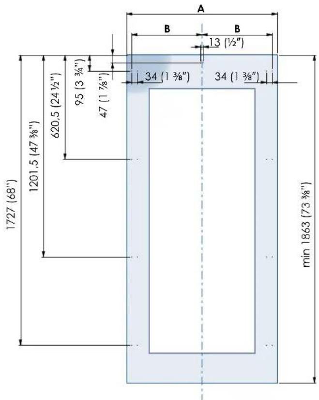 A B B 13 (½") 620.5 (24 ½") 95 (3 ¾") 47 (1 Ⅶ") 34 (1 Ⅲ") 34 (1 Ⅲ") min 1863 (73 Ⅲ") 1727 (68") 1201.5 (47 Ⅲ") min 1863 (73 Ⅲ)