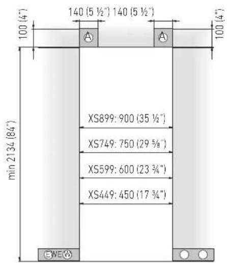 140 (5 ½") 140 (5 ½") 100 (4") A A 100 (4") min 2134 (84") XS899: 900 (35 ½") XS749: 750 (29 ¾") XS599: 600 (23 ¾") XS449: 450 (17 ¾") EWE(W)