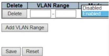 Delete VLAN Range Delete - Made Disabled Enabled Add VLAN Range Save Reset