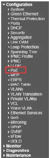 Configuration ► System ► Green Ethernet ► Thermal Protection ► Ports ► DHCP ► Security ► Aggregation ► Link OAM ► Loop Protection ► Spanning Tree ► IPMC Profile ► IPMC ► UDP ► PoE ► MEP ► ERPS ► MAC Table ► VLANs ► VLAN Translation ► Private VLANs ► VCL ► Voice VLAN ► Ethernet Services ► QoS ► Mirroring ► UPnP ► GVRP ► SFlow ► UDLD ► Monitor ► Diagnostics ► Maintenance