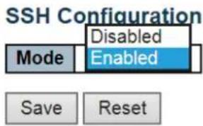 SSH Configuration Mode Disabled Enabled Save Reset
