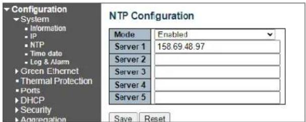 Configuration System Information IP NTP Time data Log & Alarm Green Ethernet Thermal Protection Ports DHCP Security Aggregation NTP Configuration Mode Enabled Server 1 158.69.48.97 Server 2 Server 3 Server 4 Server 5 Save Reset