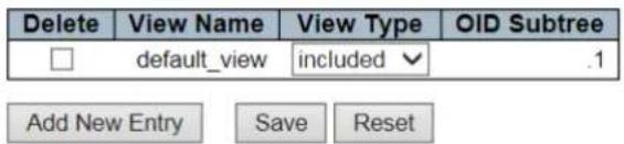Delete View Name View Type OID Subtree default_view included .1 Add New Entry Save Reset