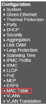Configuration ► System ► Green Ethernet ► Thermal Protection ► Ports ► DHCP ► Security ► Aggregation ► Link OAM ► Loop Protection ► Spanning Tree ► IPMC Profile ► IPMC ► LLDP ► PoE ► MEP ► ERPS ► MAC Table ► VLANs ► VLAN Translation