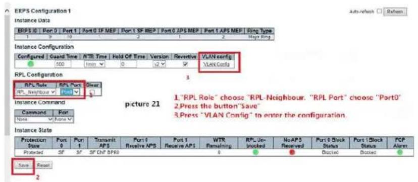 ERPS Configuration 1 Instance Data ERPS ID Port 0 Port 1 Port 0 SF MEP Port 1 SF MEP Port 0 APS MEP Port 1 APS MEP Fing Type 1 9 10 1 2 1 2 Major Ring Instance Configuration Configured Guard Time NTR Time Hold Off Time Version Reversive VLAN config 500 1mm 0 32 ✓ VLAN Config RPL Configuration RPL Role RPL Port Clear RPL Neighbour RPL ✓ Instance Command picture 21 1,"RPL Role" choose "RPL-Neighbour. "RPL Port" choose "Port0" 2,Press the button"Save" 3,Press "VLAN Config" to enter the configuration. Command Port Note ✓ None Instance State Protection Port 0 Port 1 Transmit APPort 6 Receive AP Port 1 Receive AP$ WTR Remaining RPL Un- Reserved 0 ✓ ✓ Blocked Blocked Protected SF SF SF OnF BPIB Save Reset 2
