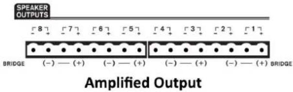 SPEAKER OUTPUTS BRIDGE (-) — (+) (-) — (+) (-) — (+) (-) — (+) BRIDGE Amplified Output
