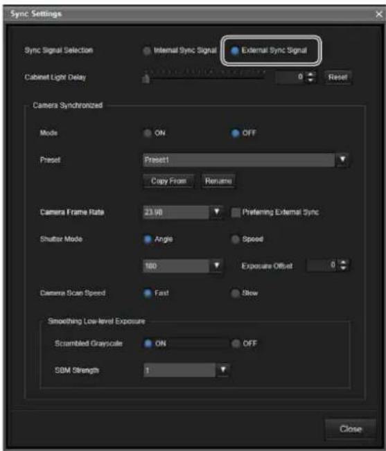 Sync Settings Sync Signal Selection Internal Sync Signal External Sync Signal Cabinet Light Delay Reset Camera Synchronized Mode ON OFF Preset Preset1 Copy From Rename Camera Frame Rate 23.98 Preferring External Sync Shutter Mode Angle Speed 100 Exposure Offset 6 Camera Scan Speed Fast Slow Smoothing Low-level Exposure Scrambled Grayscale ON OFF SBM Strength 1 Close