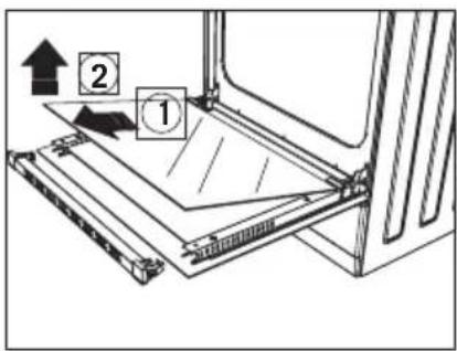 Diagram showing a mechanical assembly with labeled components and directional arrows indicating movement or force.