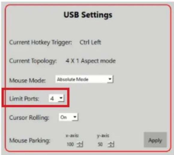 USB Settings Current Hotkey Trigger: Ctrl Left Current Topology: 4 X 1 Aspect mode Mouse Mode: Absolute Mode Limit Ports: 4 Cursor Rolling: On Mouse Parking: x-axis: y-axis 100 50 Apply