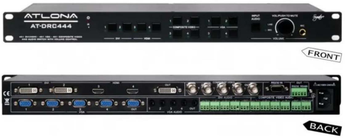 ATLONA AT-DRC444 AVI 1 2 3 4 COMPOSITE VIDEO VGA INPUT AUDIO VOL/PUSH TO MUTE LINE MSE VOLUME FRONT CE 1 DV 2 3 HDMI 4 OUT COMPONENT VIDEO OUT RE230 IN OUT RE230 MHz 1 2 3 4 OUT VGA AUDIO COMPOSITE VIDEO AUDIO OUT VGA AUDIO ACUUMO-50MHz BACK