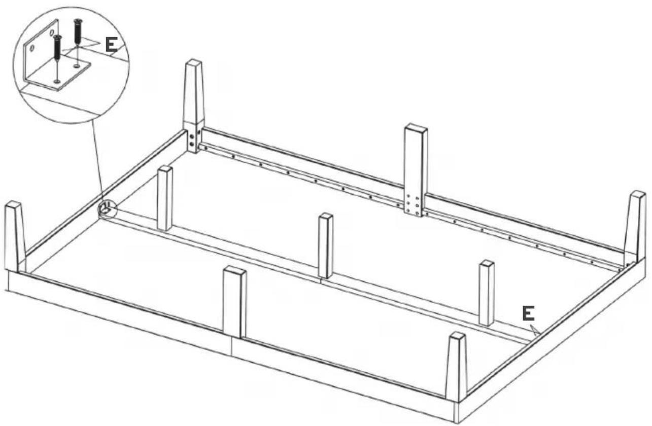 Technical diagram of a structural frame with labeled components and an inset showing a magnified view of a component with E.
