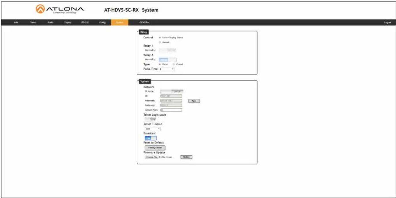 ATLONA Connecting Technology AT-HDVS-SC-RX System Info Audio Audio Display FS-2021 Config Summary GENERAL Layout Relay Control Follow Display Status Normat Relay 1 Normally: Relay 2 Normally: Type Pulse Cloud Pulse Time System Network IP Node: TCP/IP IP: 86.01.7345 Network: TCP/IP/2021 Gateway: 86.01.73 Tailnet Port: Telnet Login Mode TCP Telnet Ttimeout 300 Broadcast OK Reset to Default Facing Default Firmware Update Choose File For the chosen Mobile