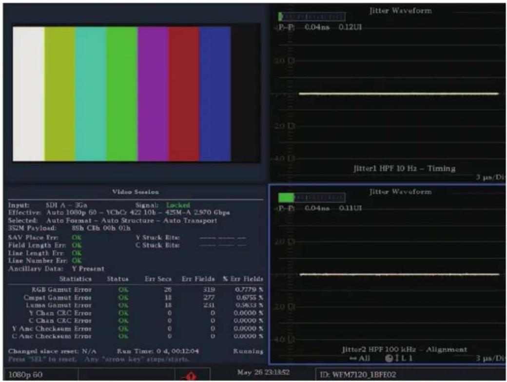 Jitter Waveform P-P 0.04ns 0.12UI Jitter1 HPF 10 Hz - Timing 3 µs/Di Video Session Input: SDI A - 3Ga Signals: Locked Effective: Auto 1000p 60 - \CbCr 422 10b - 425M-A 2.970 Gbps Selected: Auto Format - Auto Structure - Auto Transport 352M Payload: 89h CBh 00h 01h SAV Place Err: OK Y Stuck Bits: ———…