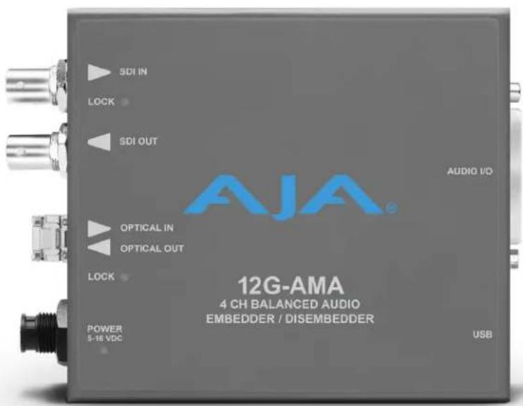 SDI IN LOCK SDI OUT OPTICAL IN OPTICAL OUT AUDIO I/O AJA® 12G-AMA 4 CH BALANCED AUDIO EMBEDDER / DISEMBEDDER POWER 5-16 VDC USB