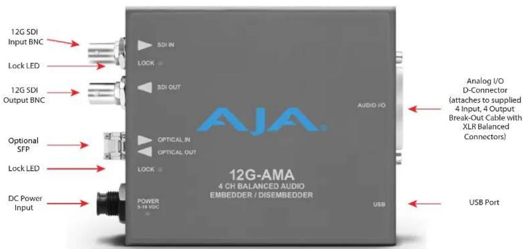 12G SDI Input BNC Lock LED 12G SDI Output BNC Optional SFP Lock LED DC Power Input SDI IN LOCK SDI OUT OPTICAL IN OPTICAL OUT LOCK POWER 5-19 VDC AUDIO I/O AJA® 12G-AMA 4 CH BALANCED AUDIO EMBEDDER / DISEMBEDDER Analog I/O D-Connector (attaches to supplied 4 Input, 4 Output Break-Out Cable with XLR Balanced Connectors) USB Port
