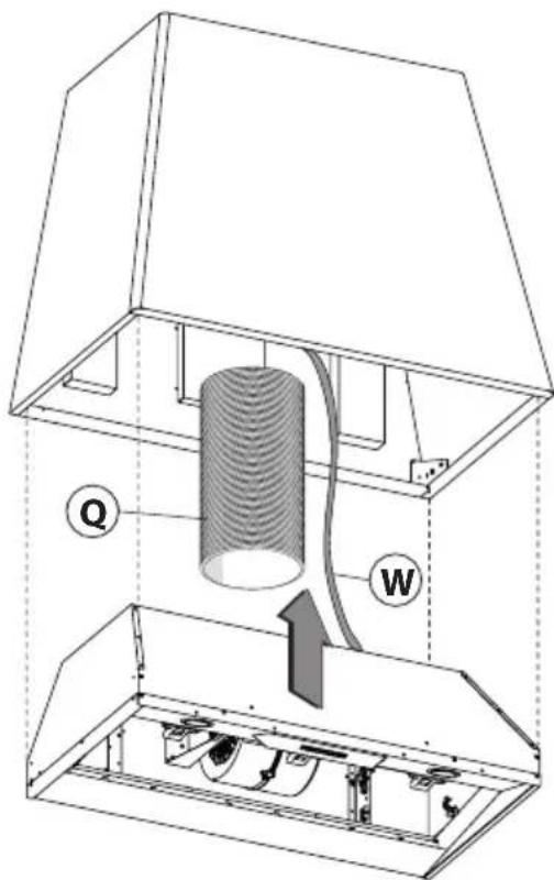 Technical diagram of a mechanical device with labeled components Q and W, showing internal structure and flow direction.