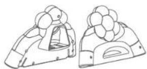 Line drawing of two mechanical components with floral-like top surfaces (no text or symbols)