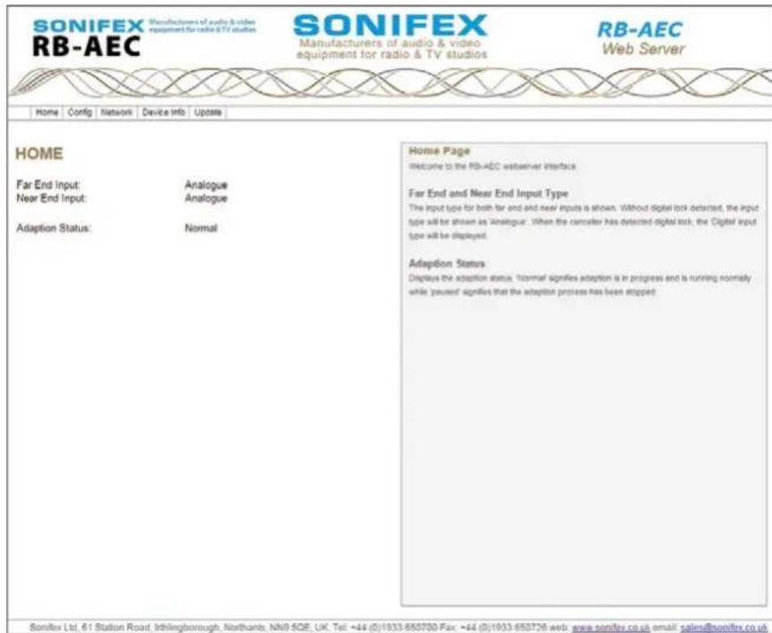 SONIFEX Manufacturers of audio & video equipment for radio & TV studios RB-AEC Manufacturers of audio & video equipment for radio & TV studios RB-AEC Web Server Home Config Network Device Info Updates HOME Far End Input: Analogue Near End Input: Analogue Adaption Status: Normal Home Page Welcome to…