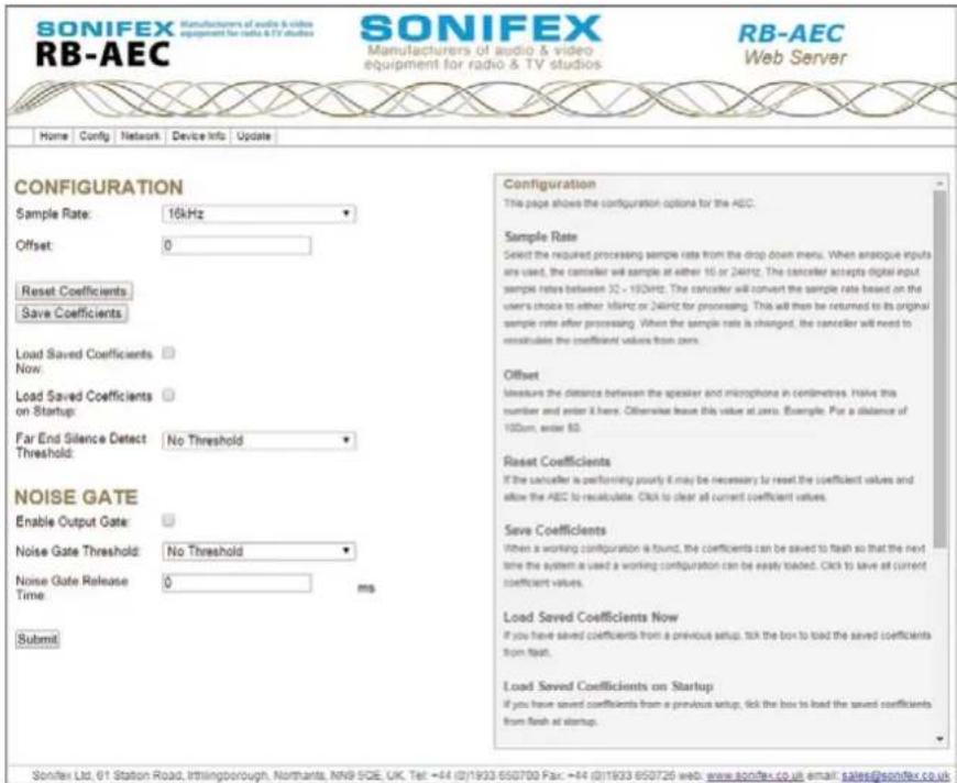 SONIFEX RB-AEC Manufacturers of audio & video equipment for radio & TV studios SONIFEX Manufacturers of audio & video equipment for radio & TV studios RB-AEC Web Server Home Config Network Device Info Update CONFIGURATION Sample Rate: 16kHz Offset: 0 Reset Coefficients Save Coefficients Load Saved C…