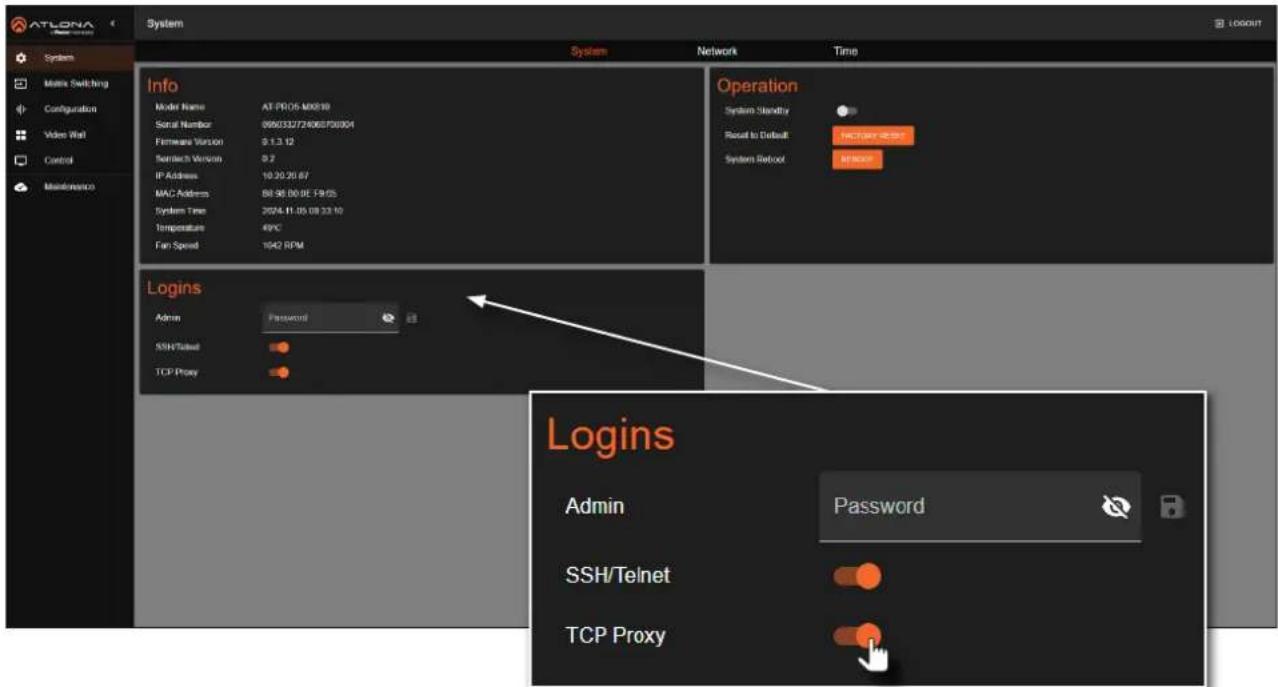 Atlona AT-PRO5-MX810 - Enabling / Disabling SSH and Telnet Proxy - 1
