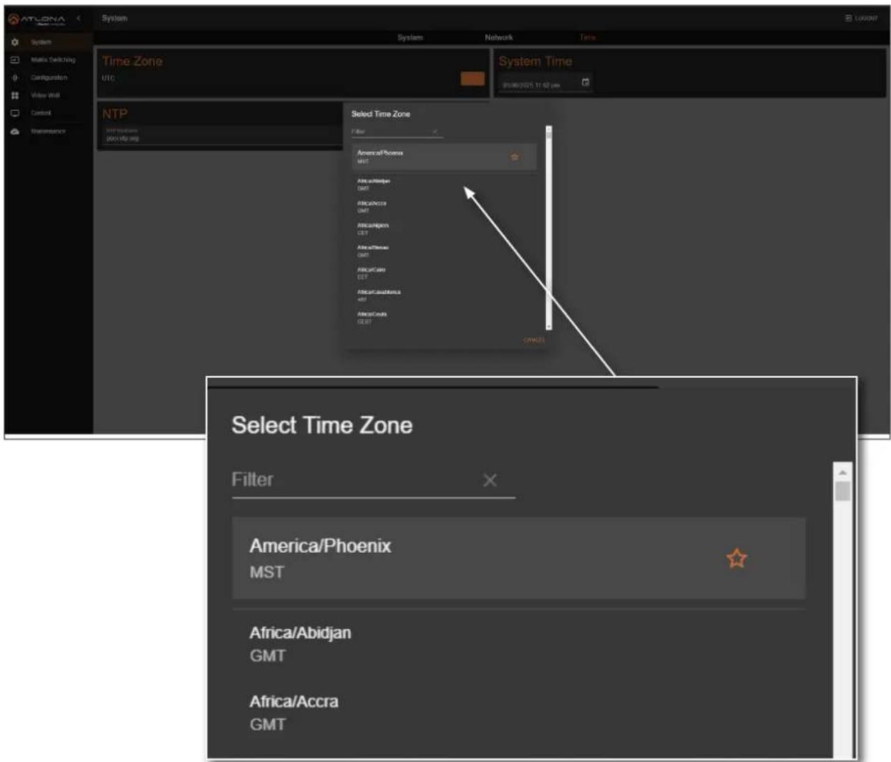 Atlona AT-PRO5-MX810 - Setting the Time Zone - 1