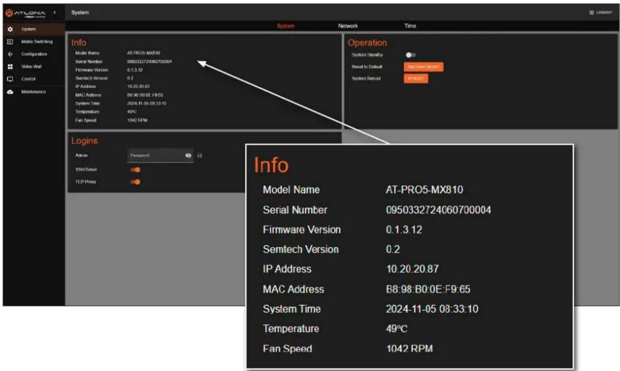 Atlona AT-PRO5-MX810 - Obtaining System Information - 1