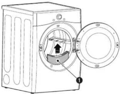 Technical diagram of a washing machine with labeled components and internal mechanism
