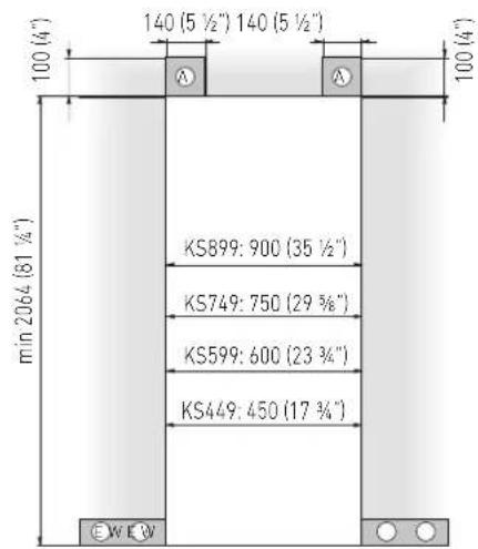 Fhiaba XS7490TWT6A - Minimum distance from the wall (hinge side) with door at 105° and 90°. - 2