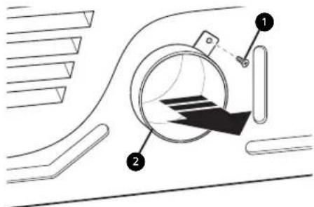 Technical diagram showing a mechanical component with labeled parts 1 and 2, likely illustrating a cutting or assembly process.