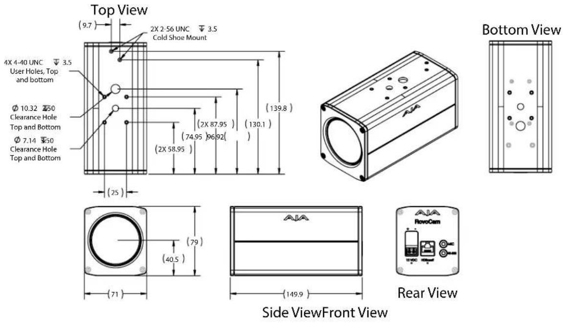 Top View (9.7) 2X 2-56 UNC 3.5 Cold Shoe Mount 4X 4-40 UNC User Holes, Top and bottom Ø 10.32 Ø50 Clearance Hole Top and Bottom Ø 7.14 Ø50 Clearance Hole Top and Bottom (25) (2X 87.95) (130.1) (74.95) 96 92( (2X 58.95) Bottom View (139.8) (79) (40.5) (149.9) Side ViewFront View Rear View RovoCam