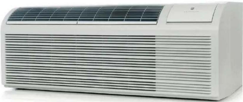 Exterior view of a white air conditioner unit with solar panel grille (no text or symbols visible)