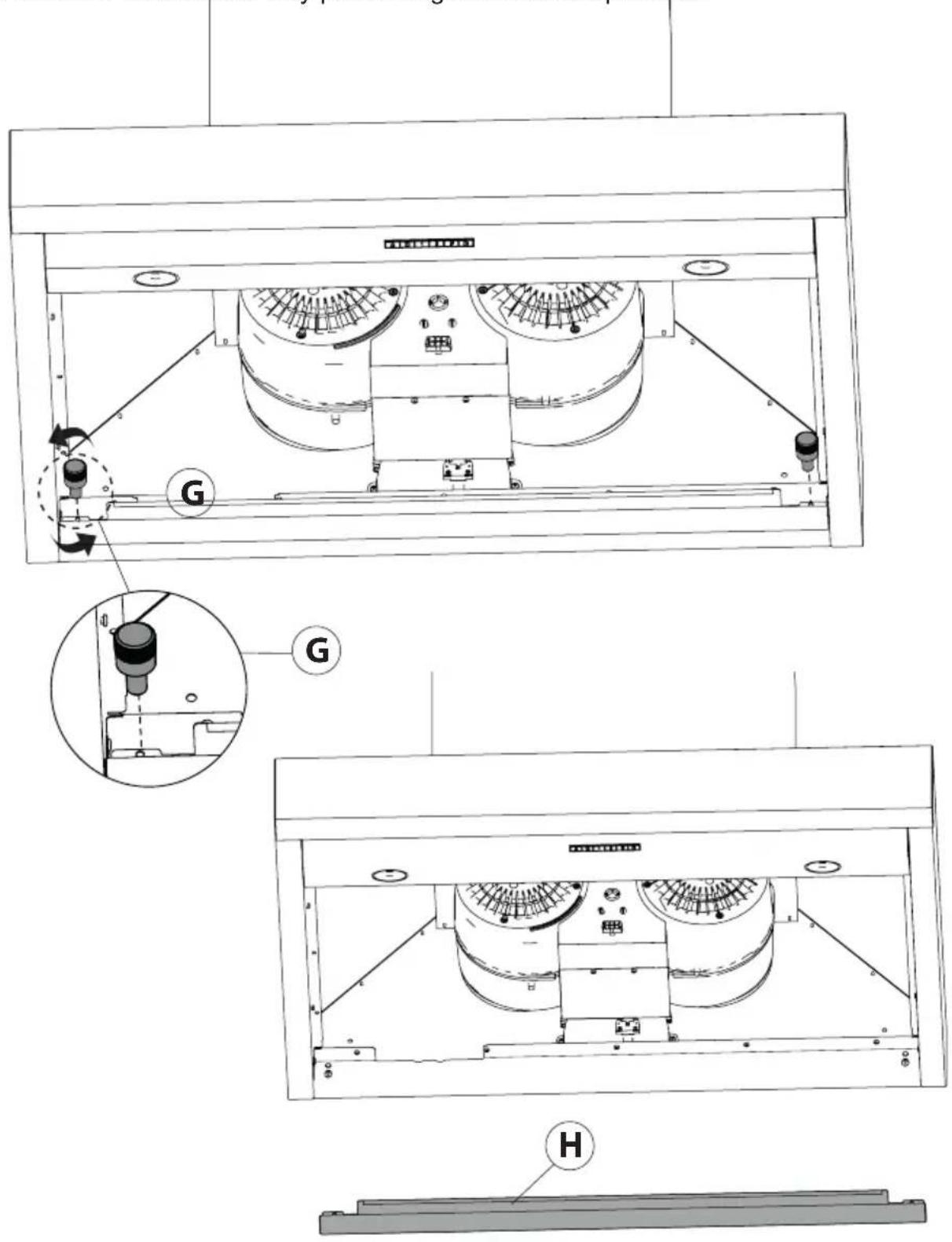 Technical diagram of a mechanical device with labeled components and assembly steps, including G and H parts.