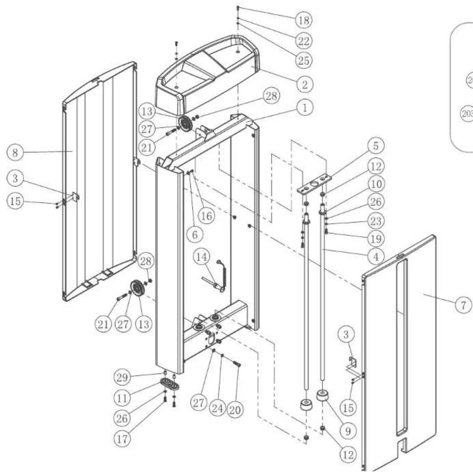 Exploded view diagram of a refrigerator internal structure with numbered components for identification