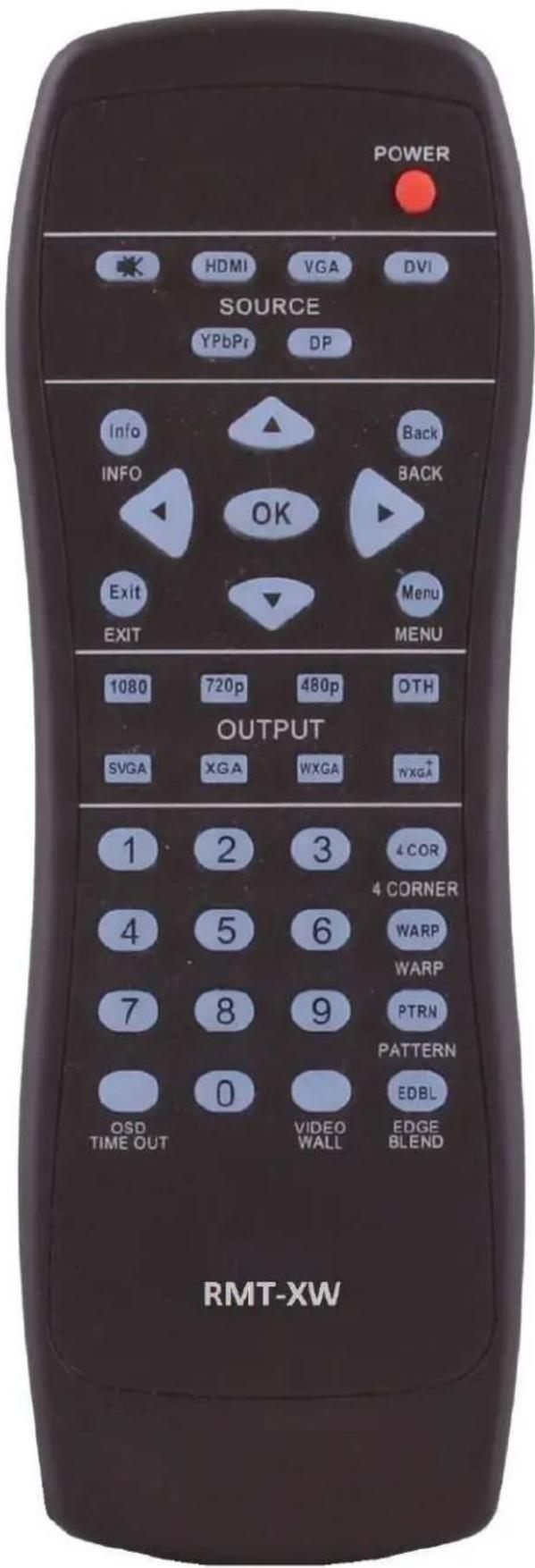POWER HDMI VGA DVI SOURCE YPbPr DP Info INFO OK Menu EXIT EXIT MENU 1080 720p 480p OTH OUTPUT SVGA XGA WXGA WXGA 1 2 3 4 COR 4 CORNER 4 5 6 WARP WARP 7 8 9 PTRN PATTERN OSD 0 VIDEO EDBL TIME OUT WALL EDGE BLEND RMT-XW