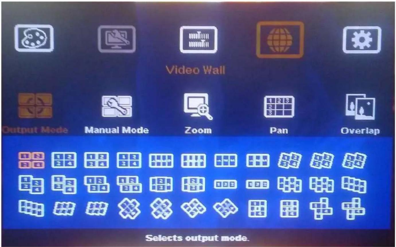 Video Wall Output Mode Manual Mode Zoom Pan Overlap Selects output mode.