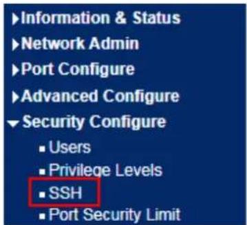 Information & Status Network Admin Port Configure Advanced Configure Security Configure ■ Users ■ Privilege Levels ■ SSH ■ Port Security Limit