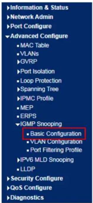 Information & Status Network Admin Port Configure Advanced Configure MAC Table VLANs GVRP Port Isolation Loop Protection Spanning Tree IPMC Profile MEP ERPS IGMP Snooping Basic Configuration VLAN Configuration Port Filtering Profile IPV6 MLD Snooping LLDP Security Configure QoS Configure Diagnostics