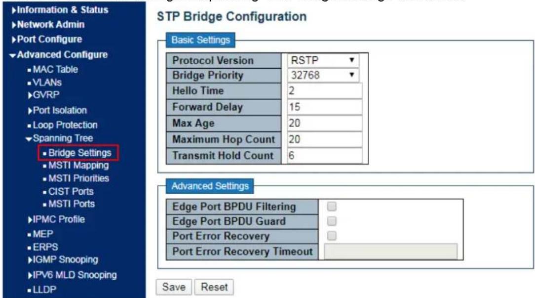 Information & Status Network Admin Port Configure Advanced Configure MAC Table VLANs GVRP Port Isolation Loop Protection Spanning Tree Bridge Settings MSTI Mapping MSTI Priorities CIST Ports MSTI Ports IPMC Profile MEP ERPS IGMP Snooping IPV6 MLD Snooping LLDP STP Bridge Configuration Basic Settings…