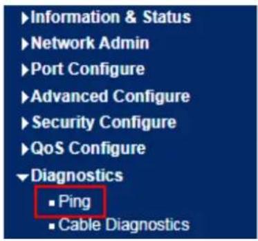 Information & Status Network Admin Port Configure Advanced Configure Security Configure QoS Configure Diagnostics ■ Ping ■ Cable Diagnostics