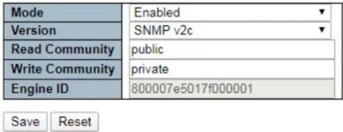 Mode Enabled Version SNMP v2c Read Community public Write Community private Engine ID 800007e5017f000001 Save Reset