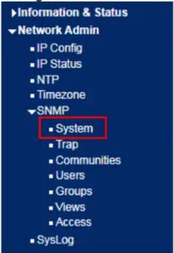 Information & Status Network Admin IP Config IP Status NTP Timezone SNMP System Trap Communities Users Groups Views Access SysLog