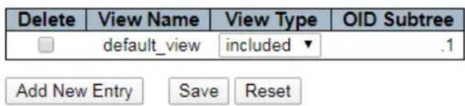 Delete View Name View Type OID Subtree default_view included .1 Add New Entry Save Reset