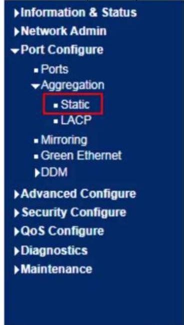Information & Status Network Admin Port Configure Ports Aggregation Static LACP Mirroring Green Ethernet DDM Advanced Configure Security Configure QoS Configure Diagnostics Maintenance