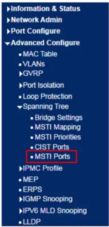 Information & Status Network Admin Port Configure Advanced Configure MAC Table VLANs GVRP Port Isolation Loop Protection Spanning Tree Bridge Settings MSTI Mapping MSTI Priorities CIST Ports MSTI Ports IPMC Profile MEP ERPS IGMP Snooping IPV6 MLD Snooping LLDP