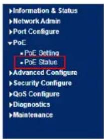 Information & Status Network Admin Port Configure PoE PoE Setting PoE Status Advanced Configure Security Configure QoS Configure Diagnostics Maintenance