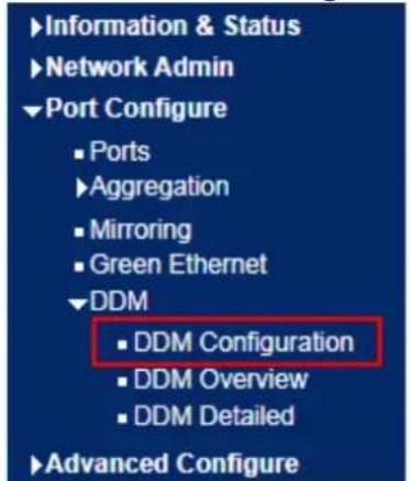 Information & Status Network Admin Port Configure • Ports • Aggregation • Mirroring • Green Ethernet • DDM • DDM Configuration • DDM Overview • DDM Detailed Advanced Configure