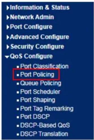 Information & Status Network Admin Port Configure Advanced Configure Security Configure QoS Configure • Port Classification • Port Policing • Queue Policing • Port Scheduler • Port Shaping • Port Tag Remarking • Port DSCP • DSCP-Based QoS • DSCP Translation