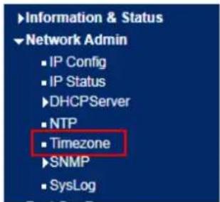 Information & Status Network Admin IP Config IP Status DHCPServer NTP Timezone SNMP SysLog